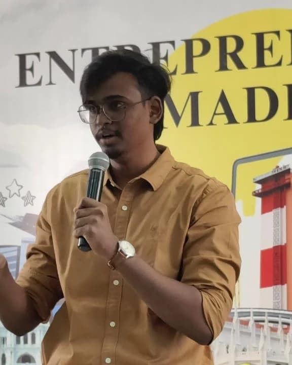 Harshavardhan Jothikumar speaking at Entrepreneurs of Madras